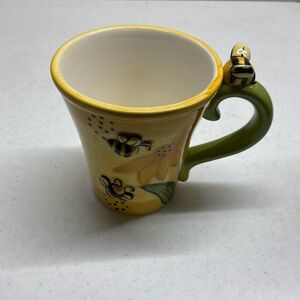 Pier 1 Yellow Bee Hand-Painted Dolomite Mug with Green Handle